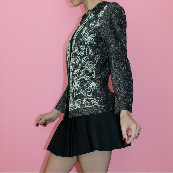 VTG 70s Black/Cream Glittery Metallic Floral Beaded Button-Up Disco Shirt - Picture 3 of 14